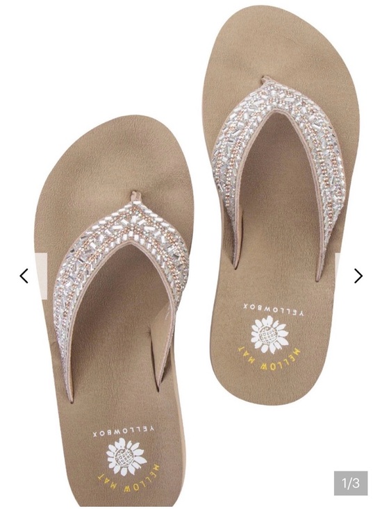 Yellow Box Shoes - Yellow Box Leather Upper Taupe Embellished Beaded Flip Flop Sandal